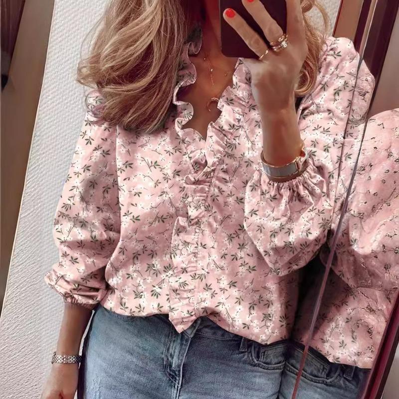 Wish spring and summer new long-sleeved ruffle shirt women's shirt