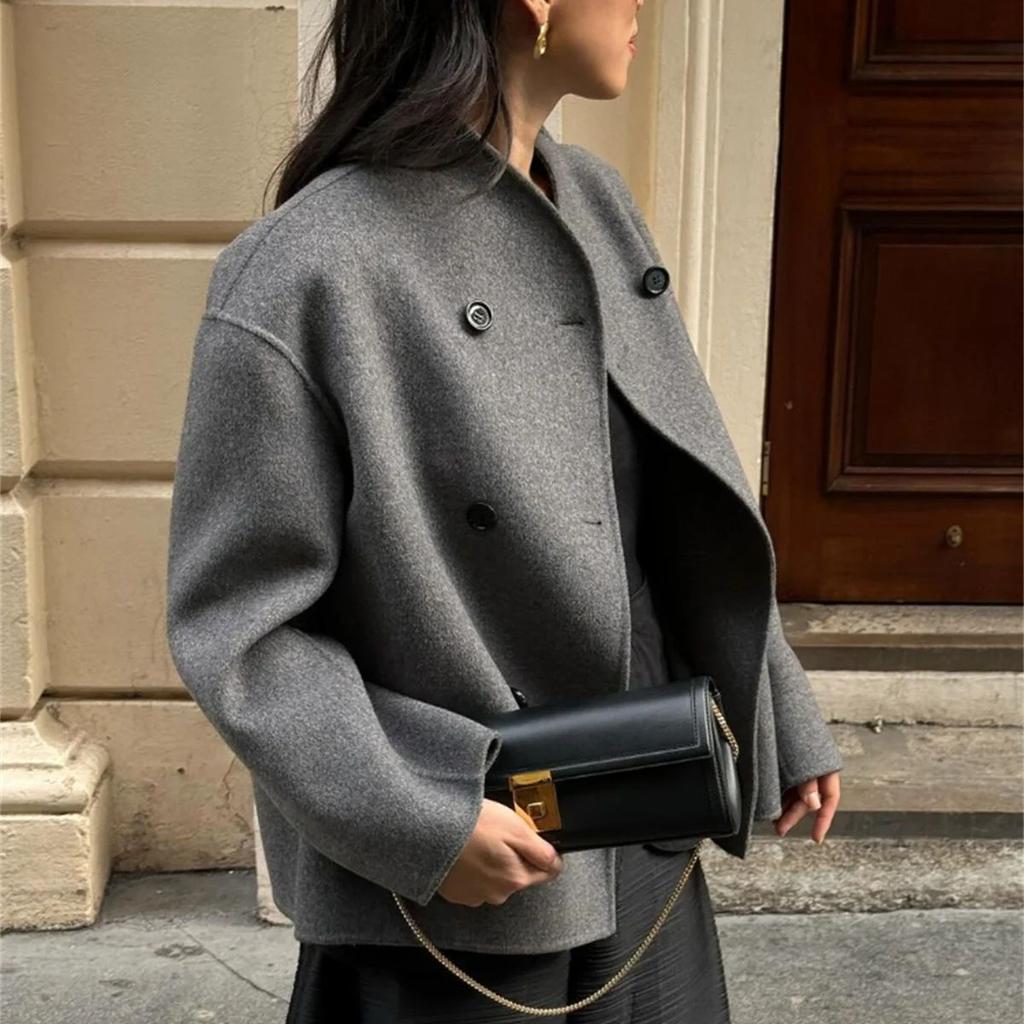 Vintage Módní kabát pro ženy Stojáček Dvouřadé sako Streetwear Dáma do kanceláře Podzimní zimní outfit Kabáty