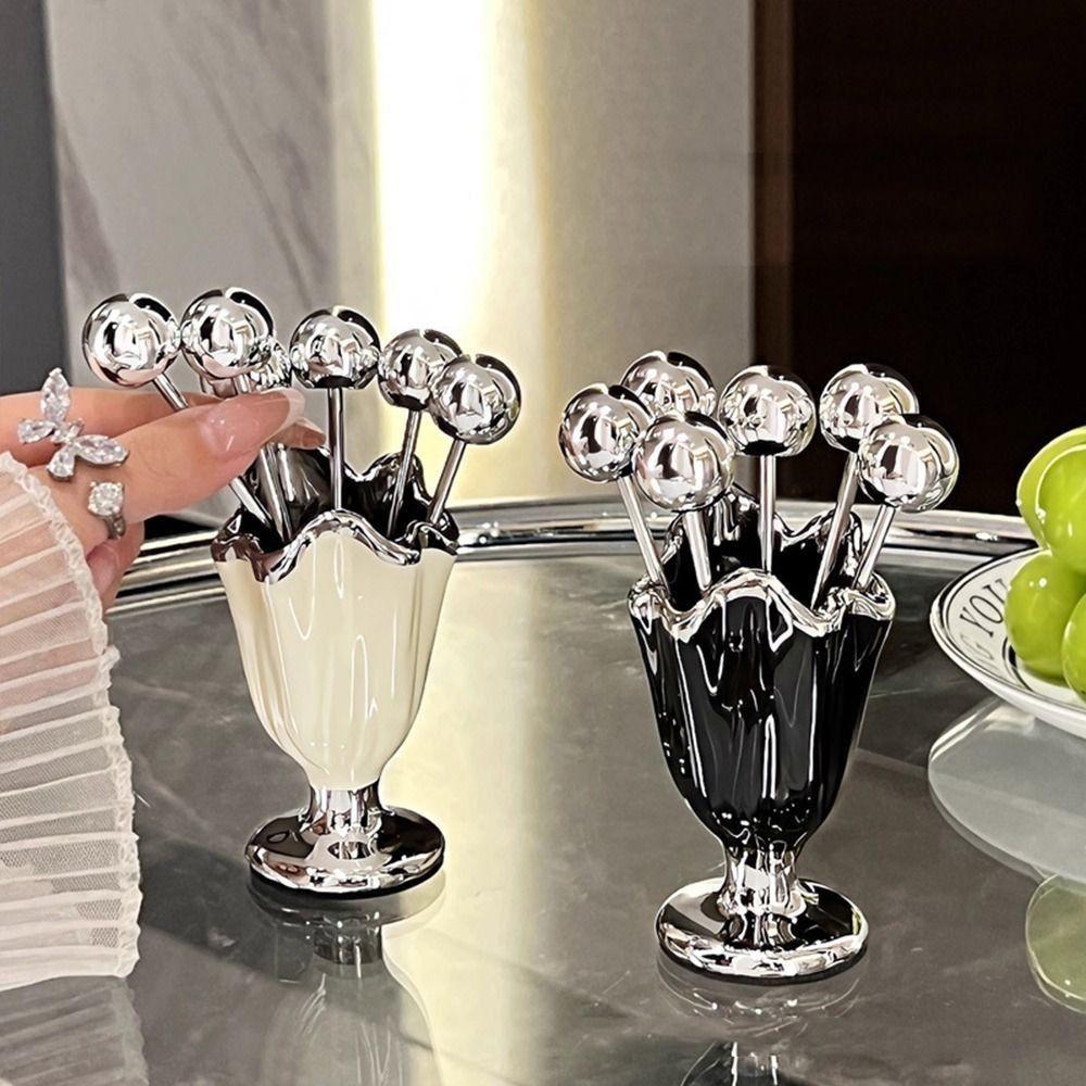 6Pcs Light Luxury Fruit Forks Set Stainless Steel Fruit Picks Storage Jar Set  For Tasting Salad