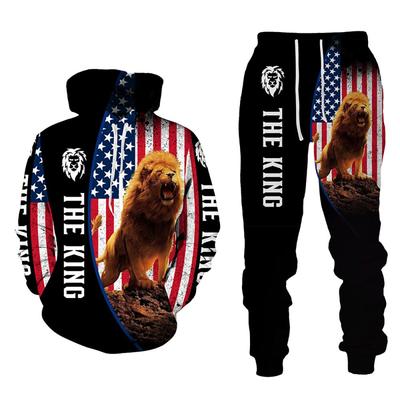 İlkbahar Sonbahar 3D Aslan Kral Baskılı Uzun Kollu erkek Giyim Takım Elbise Erkekler Hoodies Pantolon 2 Parça Set erkek Kazak Eşofman