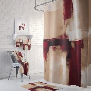 Boho Shower Curtain | Abstract Burgundy Wine Red, Beige Bath Curtain | Minimalist Modern Bathroom, Apartment Home Decor