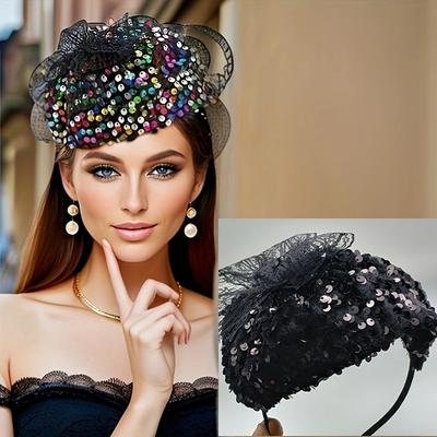 Spring Summer Vintage Glitter Sequin  Wide Brimmed Women's Half Hat Breathable Cover Hair Half Hat Hoop Headband French Fashion
