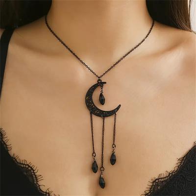 Luxuriöse schwarze Quaste lange Kristall Mond Tropfen, baumelnde Anhänger Halskette, exquisiter dunkler Gothic Stil, Halbmond Licht Design