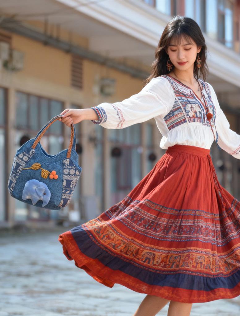 Ethnic Style Women's Lightweight Crossbody Tote - Casual Cloth Handbag