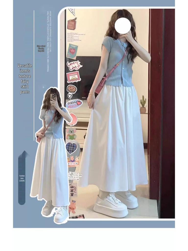 2025 White Ice Silk High-Waist Textured Culottes - Women's Summer Chiffon Wide-Leg Pants, Small Size