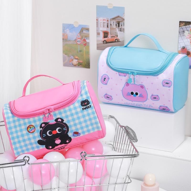 Durable Waterproof Makeup Organizers Cartoon Print Travel Cosmetic Bag With Multi Functional Compartments And Carry Handle