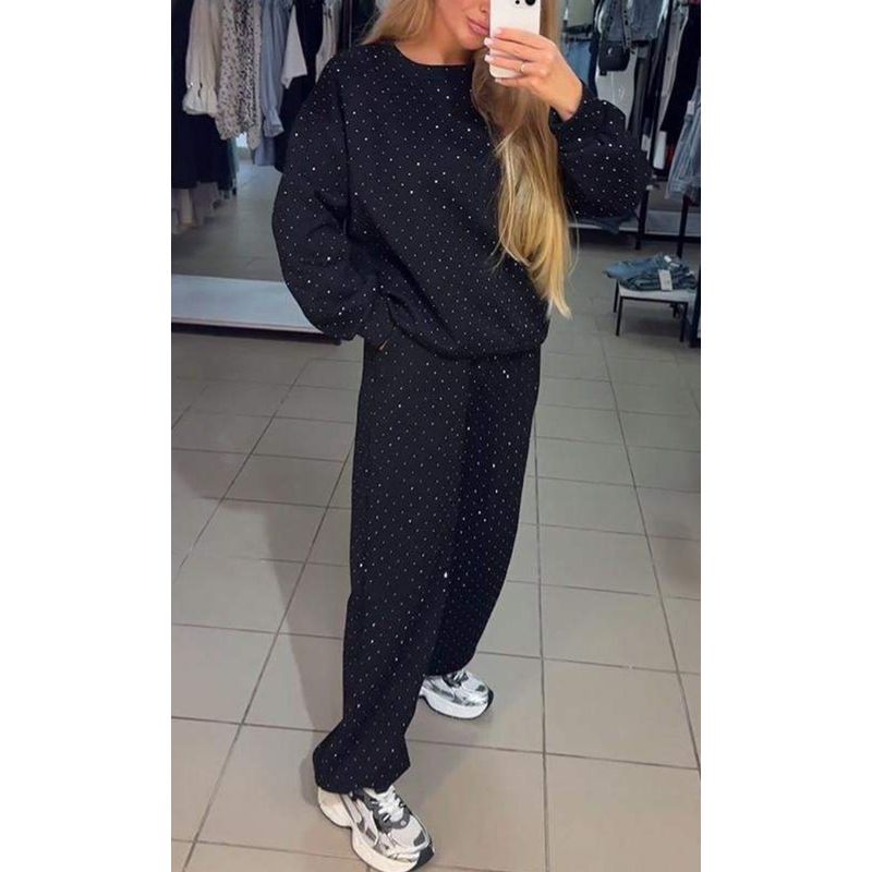 2025 Cross-Border Autumn and Winter Women clothes Casual round Neck Long sleeve Hoodie Full Body Hot Drilling Drawstring Ankle-Tied Trousers Set Suit