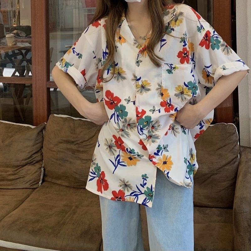 Retro Printed Women's Short Sleeved Shirts Loose Fashionable Versatile Bloues Korean Minimalist Ladies Clothing