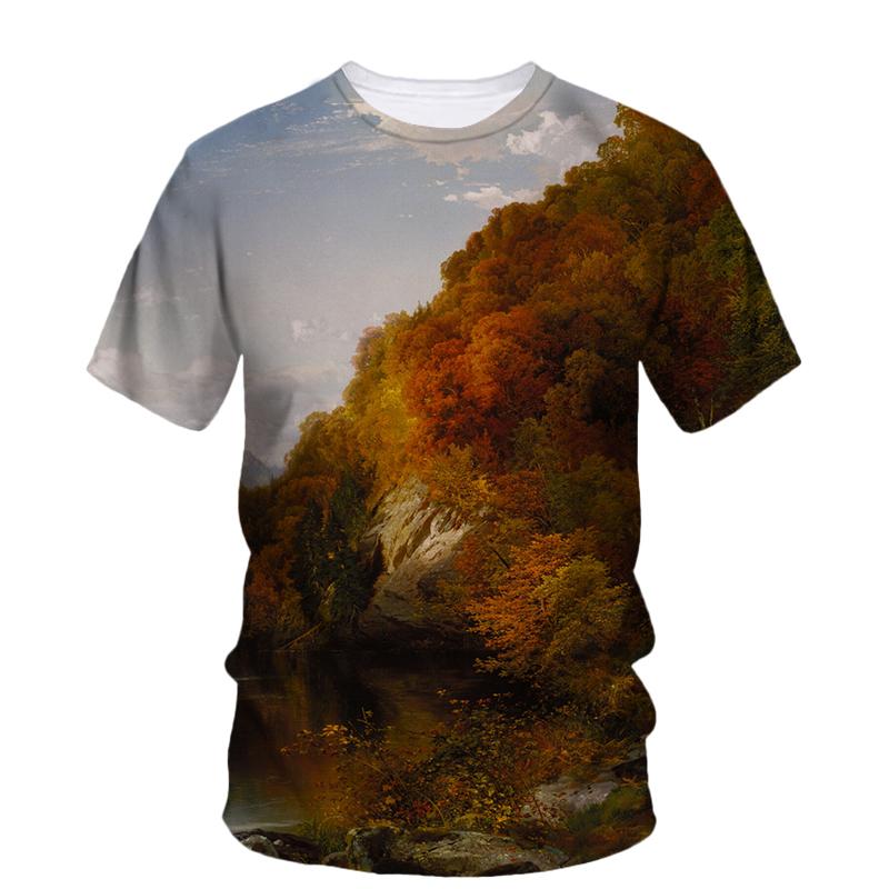 Summer New Landscape Oil Painting Art Graphic T Shirts Fashion Literary Youth Casual Tees Personality Men Printed O-neck Tops
