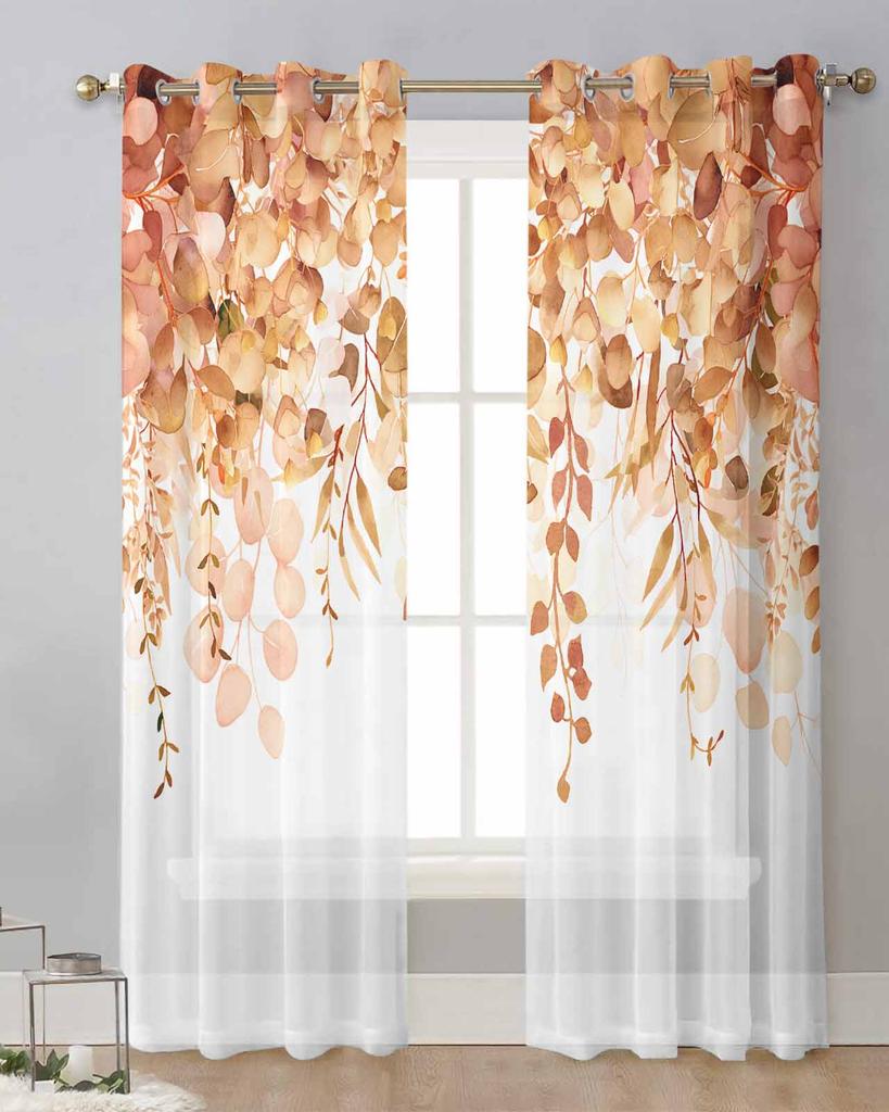 Akwarelowy Wzór Rośliny Liście Eukaliptusa Pomarańczowe Białe Przezroczyste Zasłony do Salonu Zasłony Okienne Zasłony Kuchenne Tiulowe Woalowe