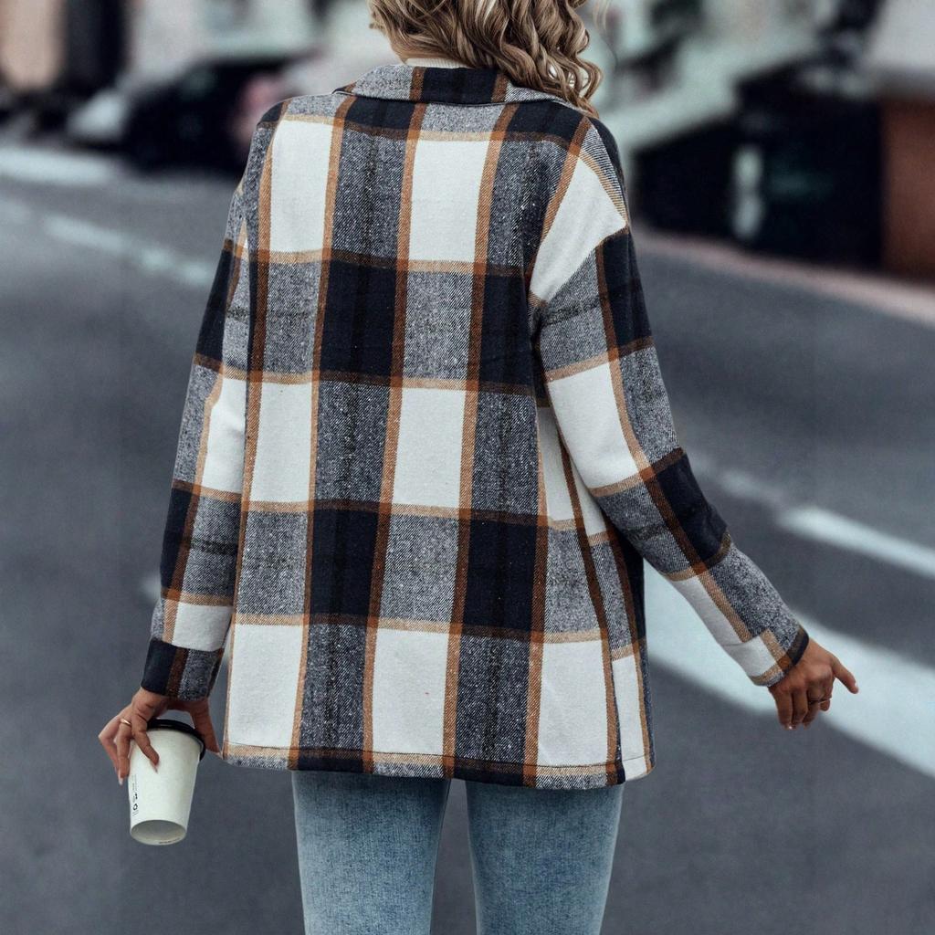 Women's Casual Fashion Woolen Plaid Long Sleeve Cardigan Jacket Top