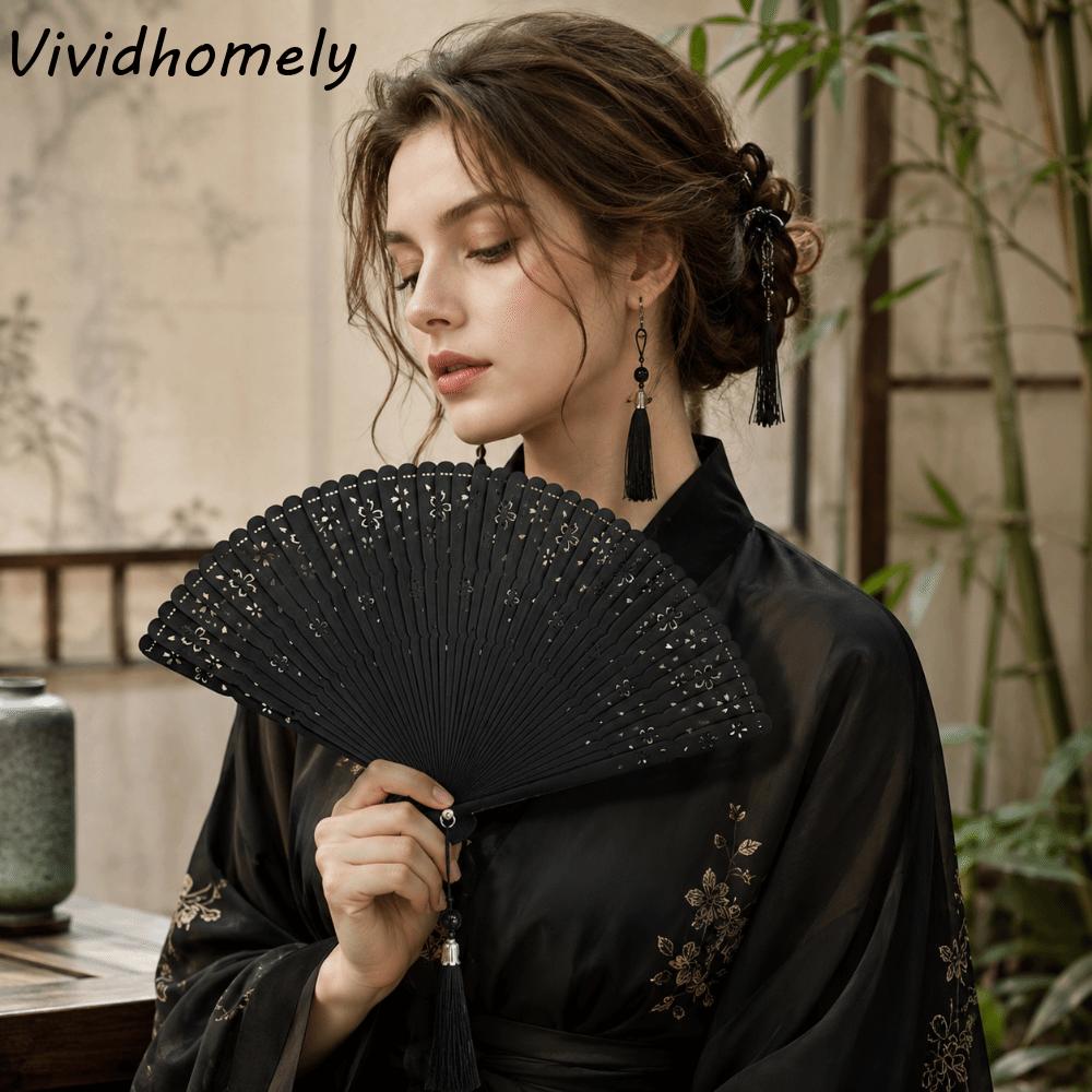 Fashion Sakura Folding Bamboo Fan Solid Color Portable Elegant Handheld Fans Retro Exquisite Tassel Folding Fan Cheongsam Show