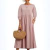 Women's Round Neck Three Quarter Sleeve Loose Fit Mid Waist Casual Cotton Linen Maxi Dress