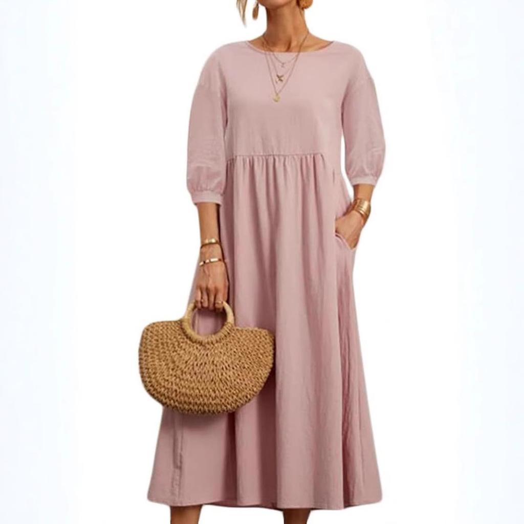 Women's Round Neck Three Quarter Sleeve Loose Fit Mid Waist Casual Cotton Linen Maxi Dress
