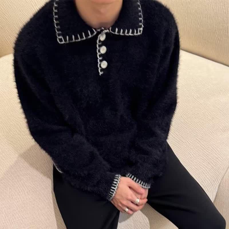 Men s Faux Mink Fur Knit Polo Collar Sweater - Retro Korean Style Lapel Top 2XL