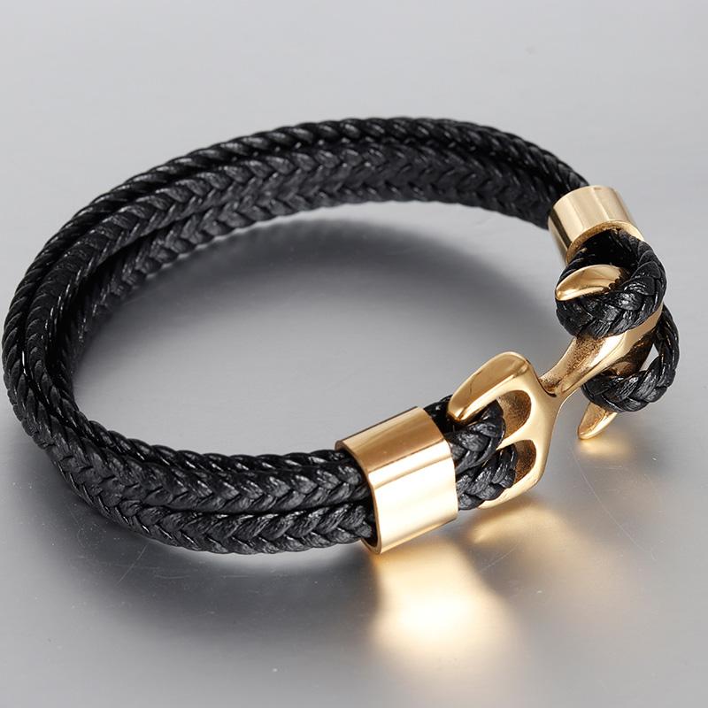 Classic Gold Genuine Leather Anchor Stainless Clasp Black Braid Genuine Leather Bracelet Men Jewelry Stainless Steel Bangle 19cm чёрный