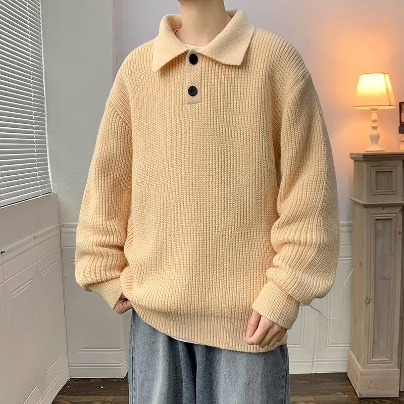 Japanese Lazy Style Polo Neck Sweater Men's American Retro Coffee Color Advanced Sense Oversize Knitted Sweater