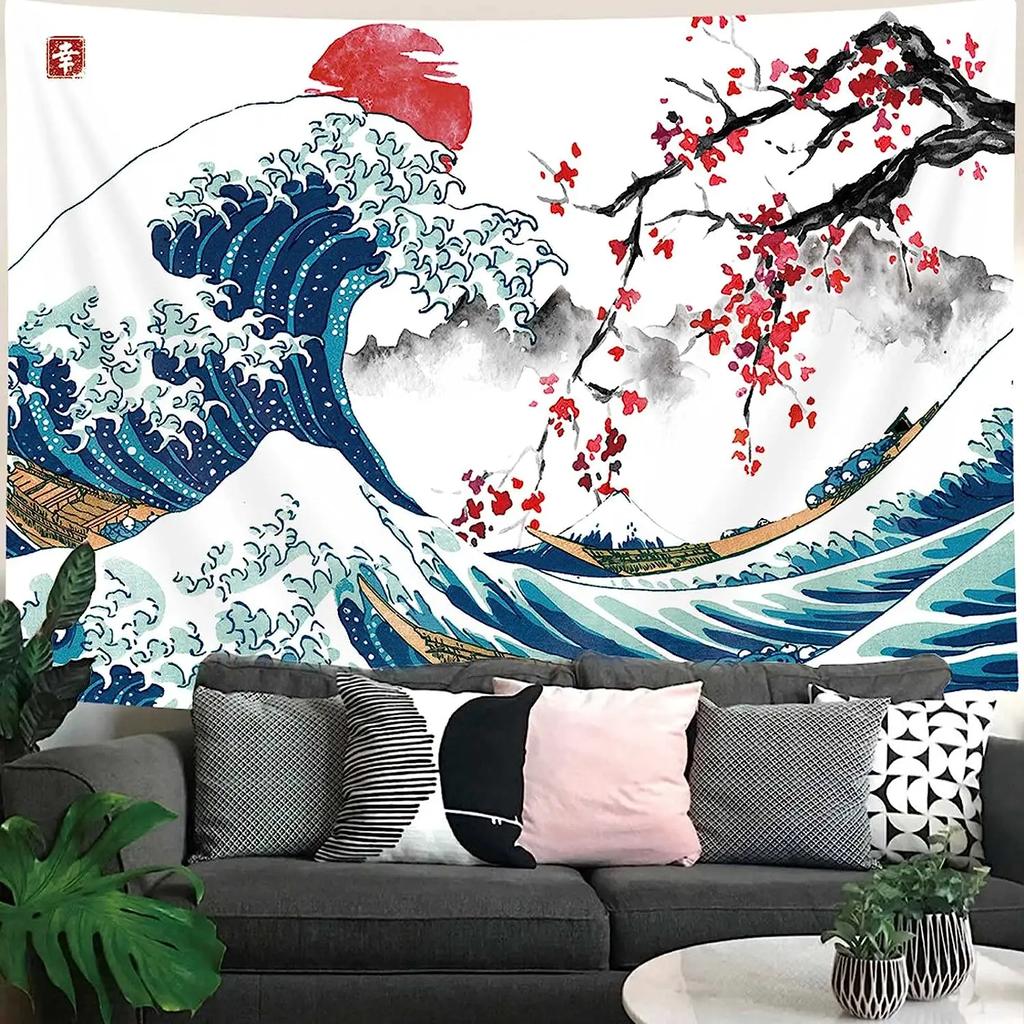 Pink Japanese Tapestry Cool Ocean Wave Wall Tapestry Asian Anime Mountain Red Sun Cherry Blossom Decorations Tapestry