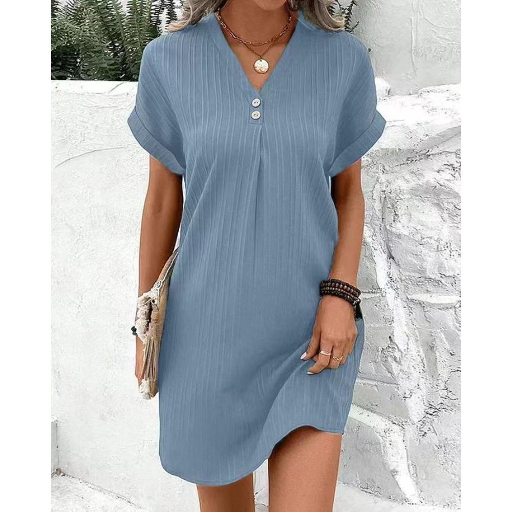 Women's V-Neck Solid Color Pullover Dress, Comfortable Casual Button-Down Midi Dress ,Casual V-Neck Solid Dress, Soft Pullover Style Button Dress