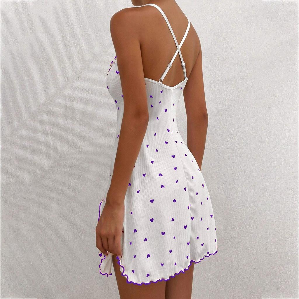 Herzförmige bedruckte Nachtwäsche für Damen, Nachthemd, geschlitzte Homewear