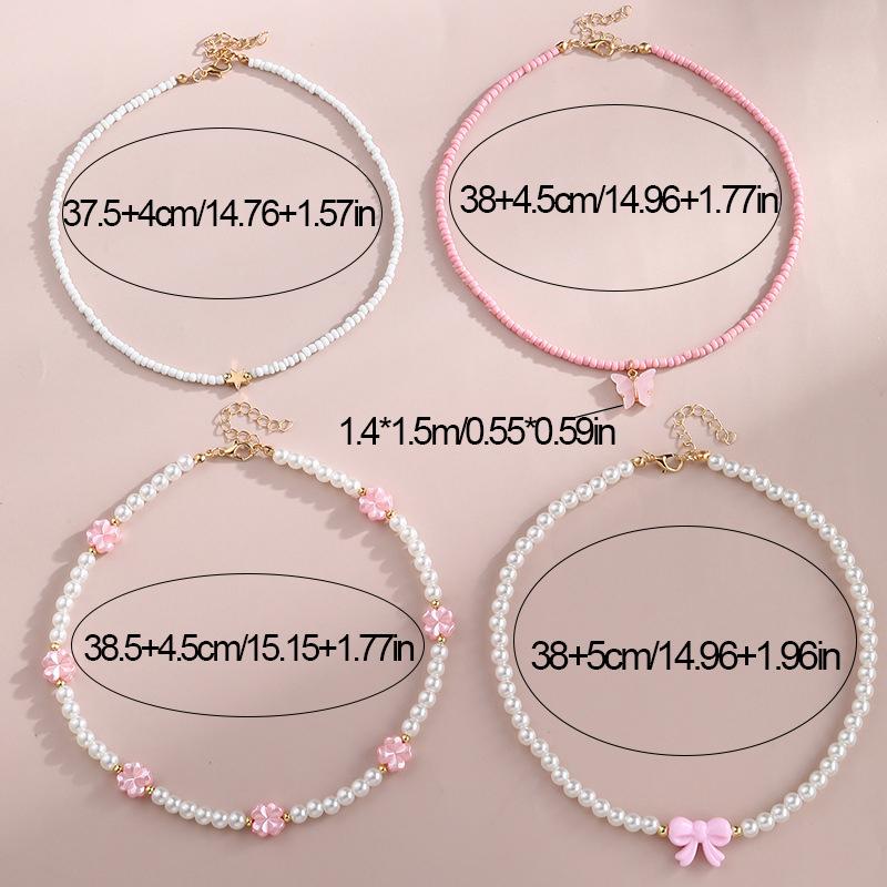 4Pcs/Set Jewelry Pink Love Butterfly Pendant Imitation Pearl Rice Beads Handmade Beaded Children Necklace Friend Gift