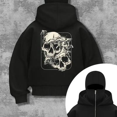 Heren Zwarte Jas met Capuchon en Rits met Doodskop Patroonprint - Sportieve en Casual Losse Herfst- en Winterjas, Outdoor Lichtgewicht Jas Street Style