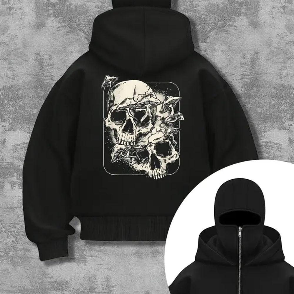 Men's Black Hooded Zipper Jacket with Skull Pattern Print - Sports and Casual Loose Autumn and Winter Jacket, Outdoor Lightweight Jacket Street Style