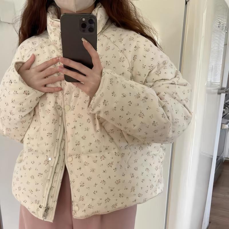 Winter Floral Down Padded Jacket Women's Jacket Loose and Cute College Style Padded Jacket Padded Jacket To Keep Warm