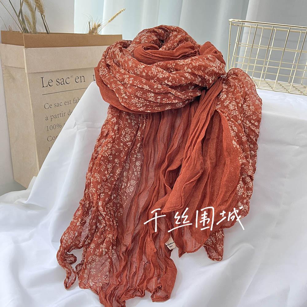 Autumn And Winter  Retro Literary Cotton And Linen Pleated Thin Versatile Shawl Small Floral Scarf Yarn Japanese