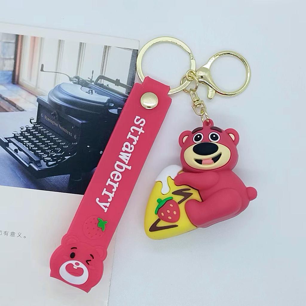 New Creative Cartoon Greedy Strawberry Bear Keychain Bag Car Keychain Accessories Wholesale Kawaii Cute Personalized Gifts Y2k