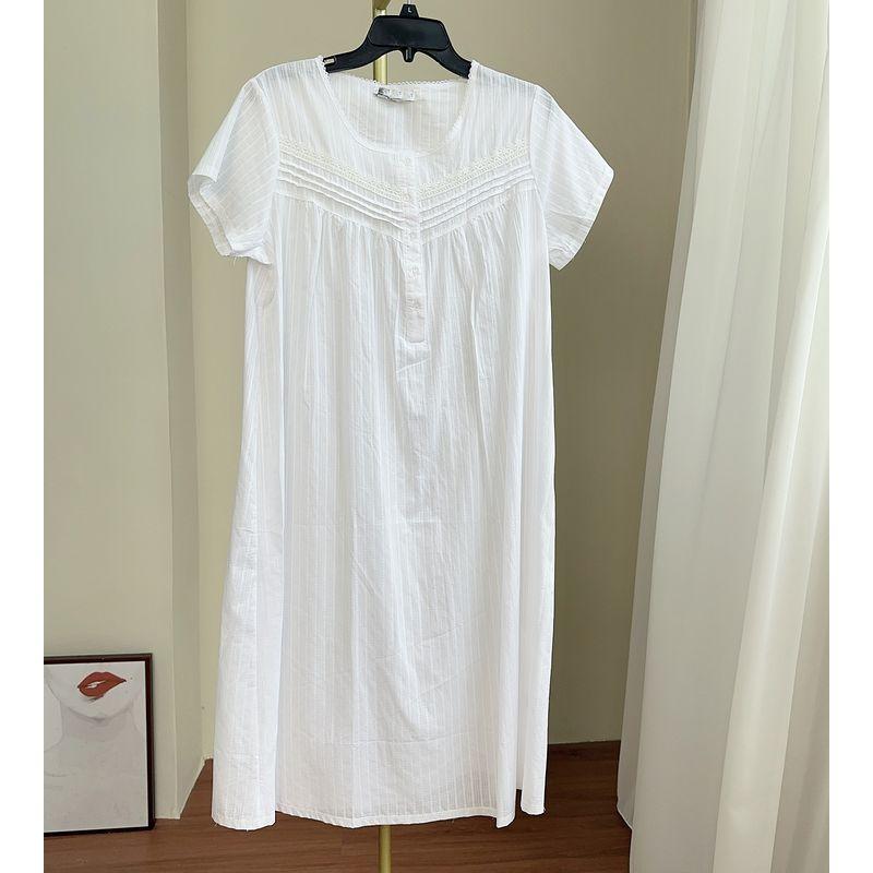 

French style Vintage Dress EW Pure Cotton Cloth Women Summer Thin Midi dress Short sleeve Pajamas Homewear Can Be Worn outside Skirts White five-sleeve mid-length woven skirt M