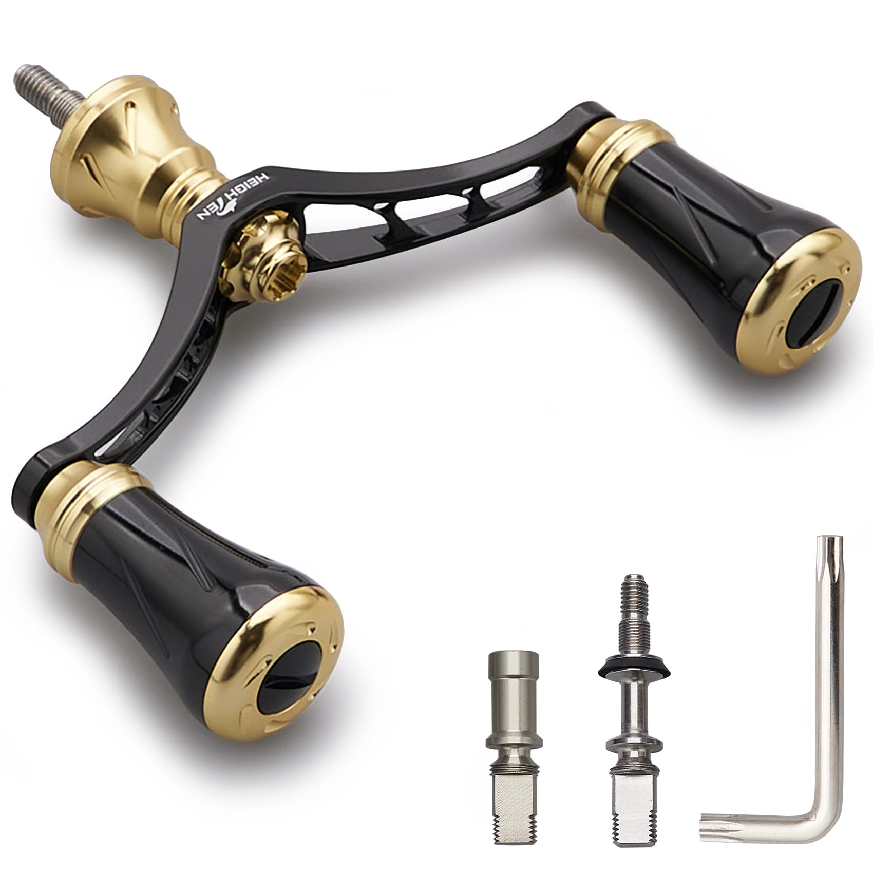 

HEIGHTEN 80mm/95mm/98mm Reel Handle with 20mm/19mm Knob for Shimano and Daiwa Spinning Reels, New Pillar Series (80mm - Black & Gold) (1008)