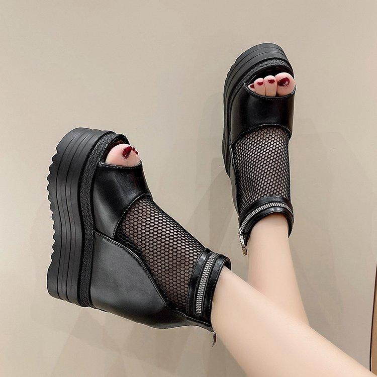 Fashion Korean Style Fashion Fish Mouth Back Zipper Thick Sole Fashion Casual Large Size Women's Mesh Roman Sandals