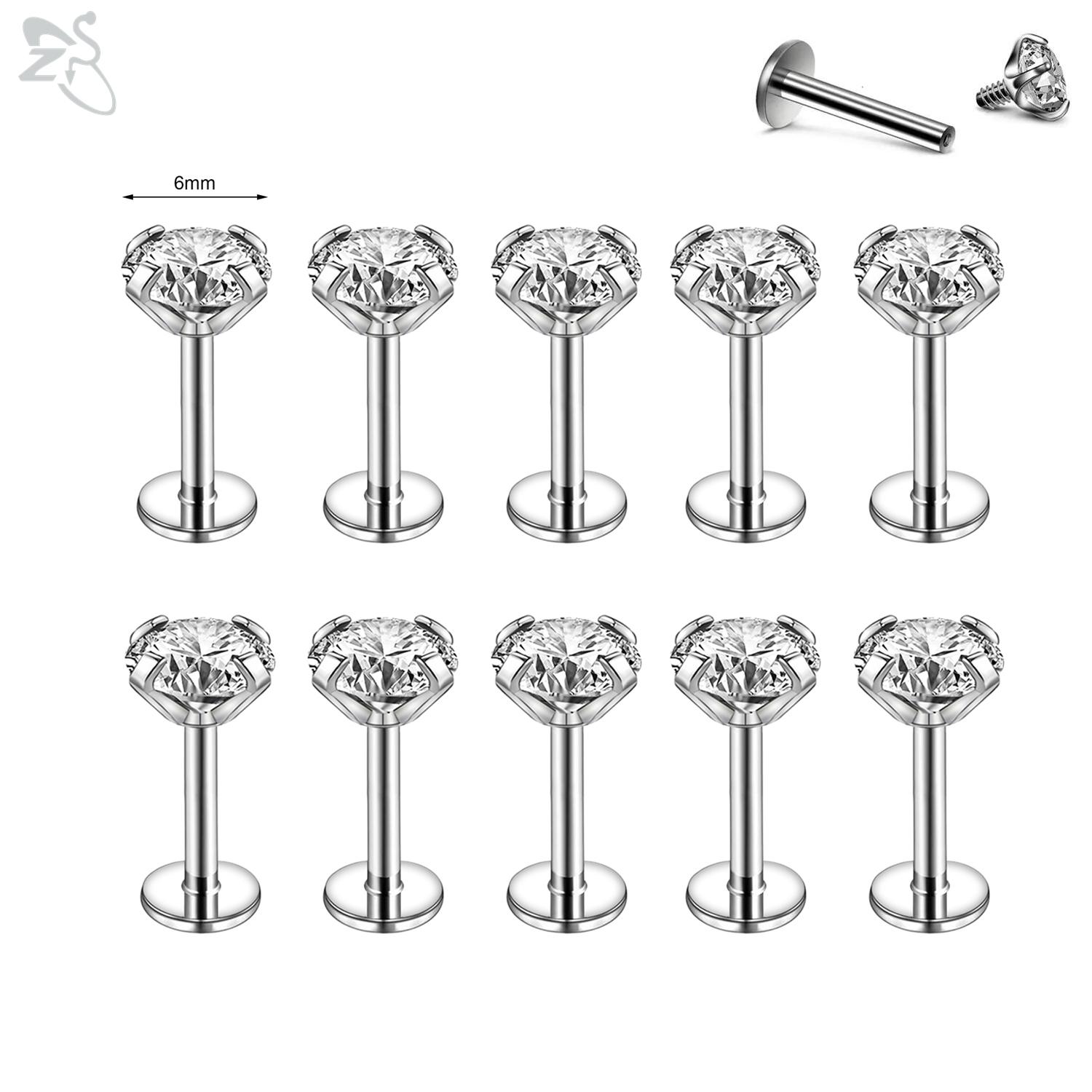 

AOEDEJ 10Pcs/Lot Gold Color 16/18G Stainless Steel Labret Lip Stud Set 2/3/4/5/6MM CZ Crystal Helix Cartilage Tragus Piercings (16G)1.2X10MM