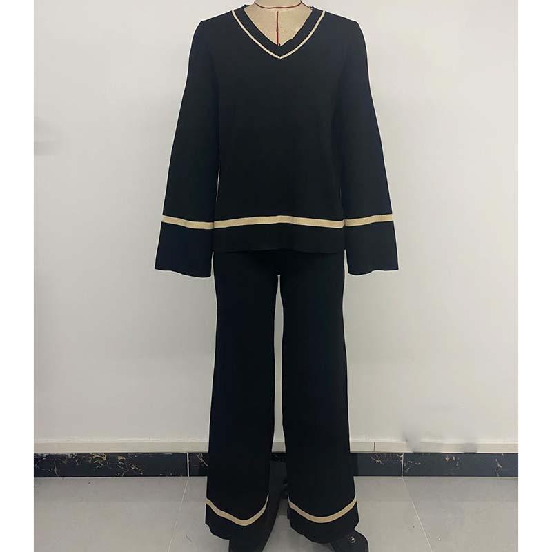 Women's Color Collision Fashion Casual Suit Autumn Winter V-neck Long Sleeve Pullover High Waist Wide Leg Pants Two Pieces Sets