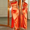 Satin One-shoulder Dress, European and American Sexy Hollowed-out Backless Split Ruffle Edge Slanted Shoulder Dress