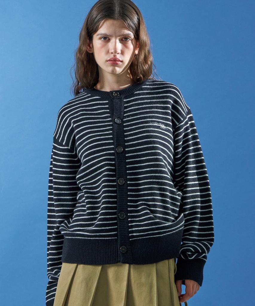MOONSUN M.C Unisex, Stripe Wool Knit Cardigan / Black