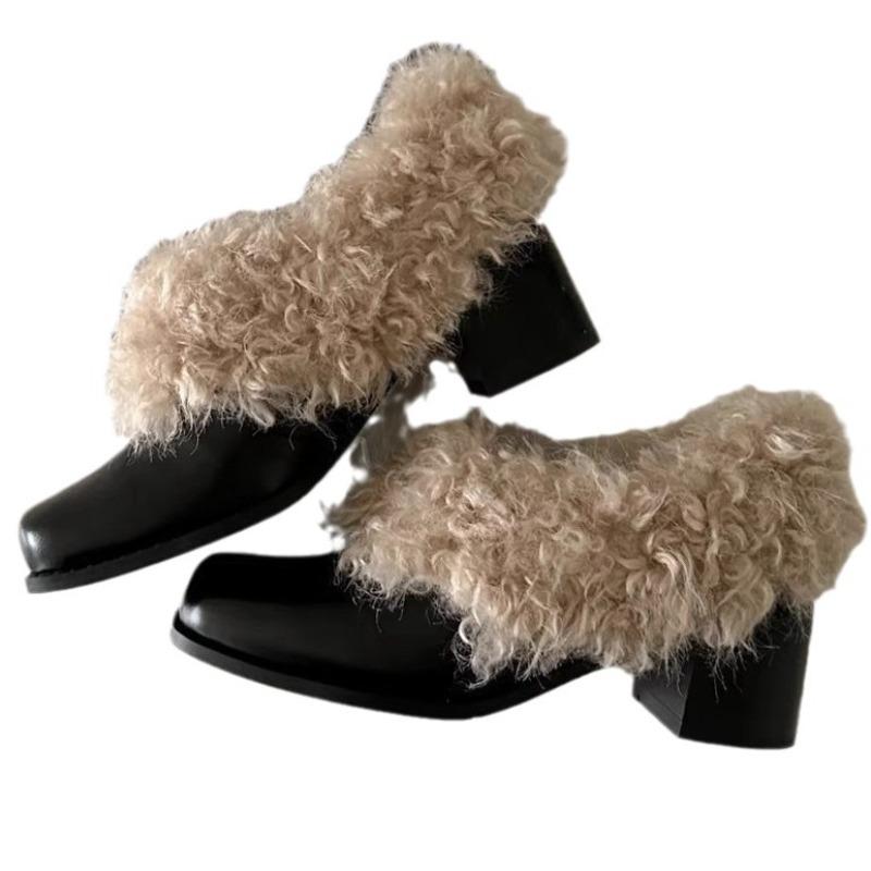 2026 Winter Fashion One Step Retro Plus Velvet Warm Cotton Shoes Coarse Heels