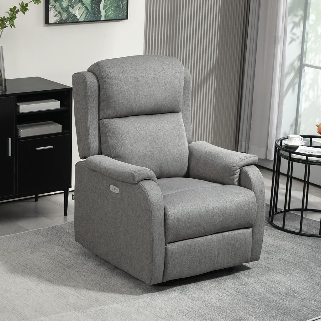 Reclining Armchair with Footrest, in Linen-Effect Fabric, Wood and Metal, 77x91x106 cm, Dark Grey