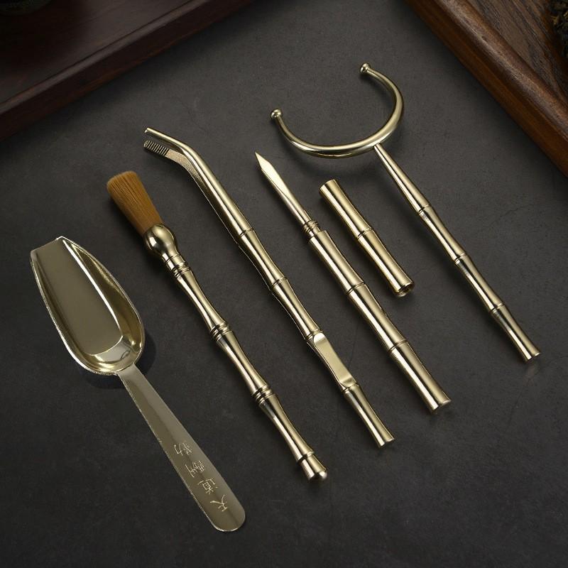 Brass Tea Ceremony Tools Set 5-Piece Grooming Kit Gongfu Brewing With Spoon Tongs Brush Knife Fork