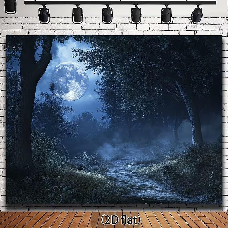 2D Magical Night Forest with Glowing Full Moon Photo Booth Background