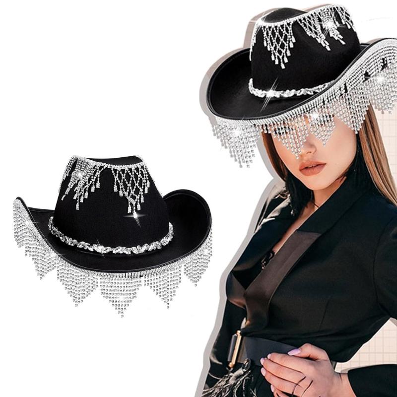 Vacation Cowboy Hats Diamond Tassels Hand Beading Crystal Gift for Girl Cowgirl Hat for Carnivals Music Festival