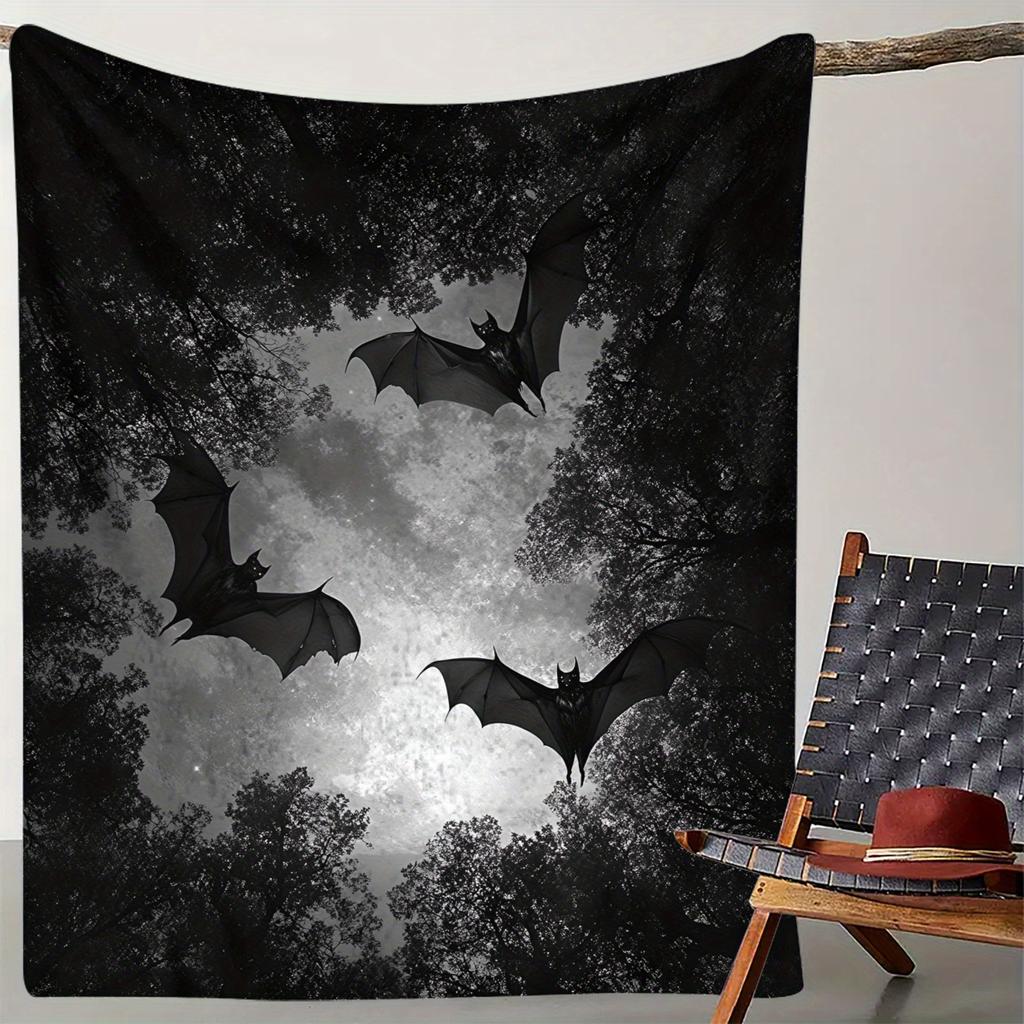 Dark Night Bat Print Throw Blanket - Gothic Halloween Motif Soft Lightweight Accent for Sofa Bed Travel Gift