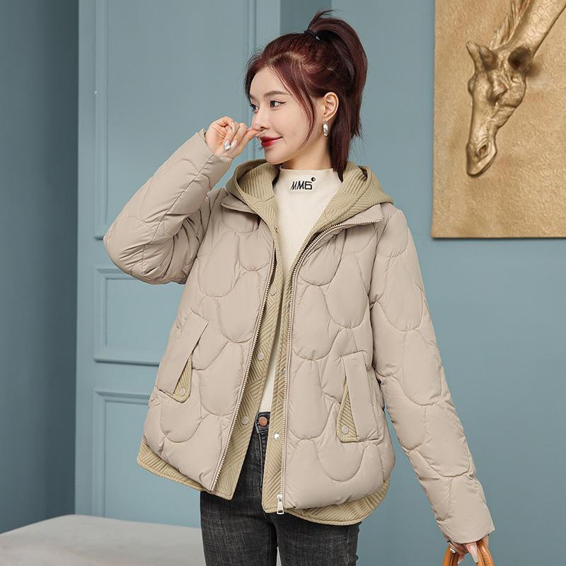 Thickened short down cotton-padded clothes women's hooded splicing fake two-piece cotton-padded clothes winter fashion warm jacket