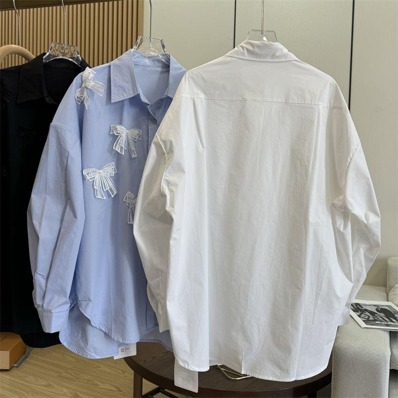 Women's 3D Lace Bow Shirts Solid Color Turn-down-collar Long Sleeved Spring Tops Loose Single Breasted Casual Blouses