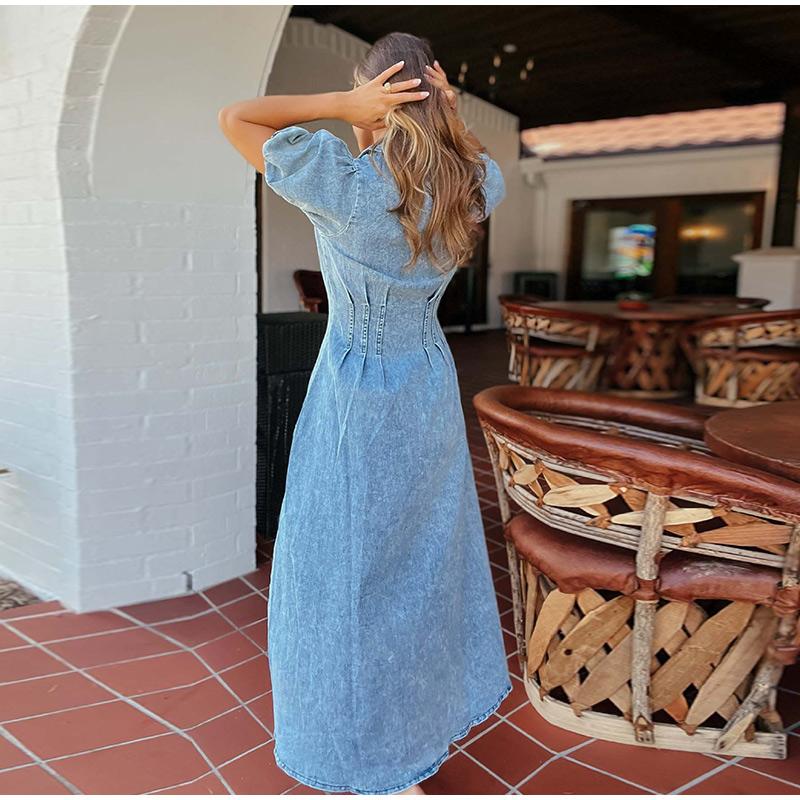 2025 Spring and Summer Puff Sleeve Short-sleeved Distressed Casual Style Shirt Denim Long Dress Single-breasted Waist Denim Long Skirt Retro