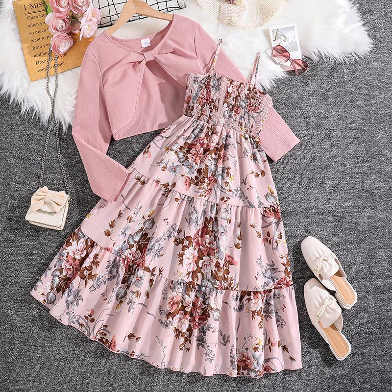 Frühlingshaftes Blumen-Camisole-Kleid & Langarm-Mantel-Set für Mädchen