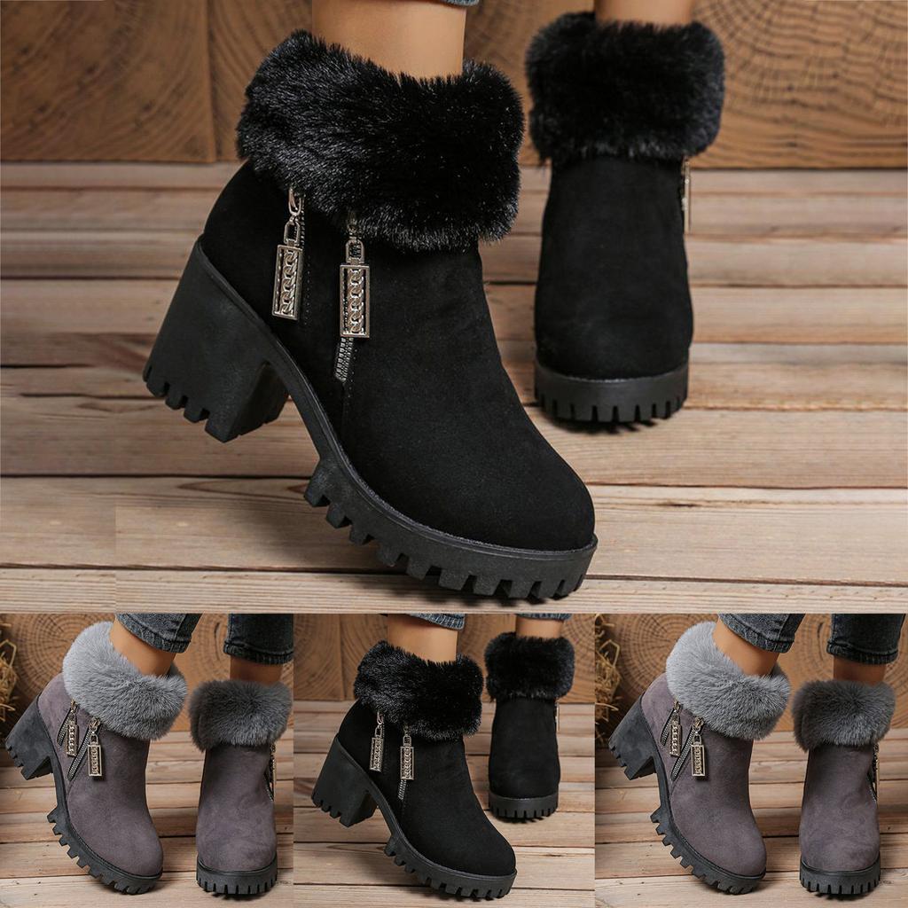 Plush Rolled Up Heel Women's High Heeled Winter Fashion Boots With Side Zipper Short Shaft Chunky Heel Suede Boots for Women