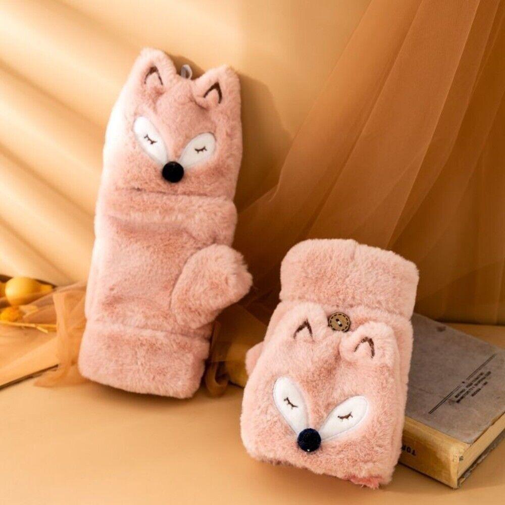 Cartoon Fox Gloves Plush Mittens NEW Flip Fingerless Gloves
