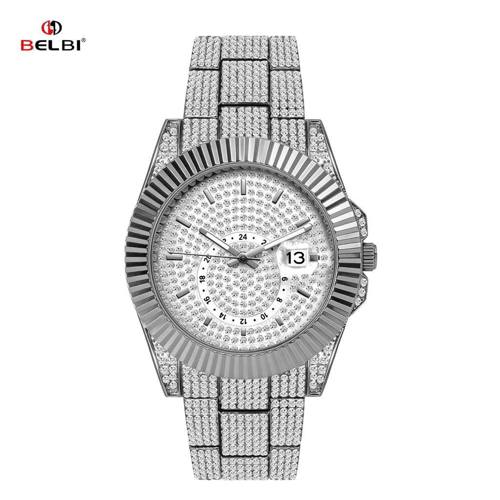 Mens Full Diamond Luxury Quartz Watch Zinc Alloy Band Luminous Hands Casual Business Dress Wristwatch